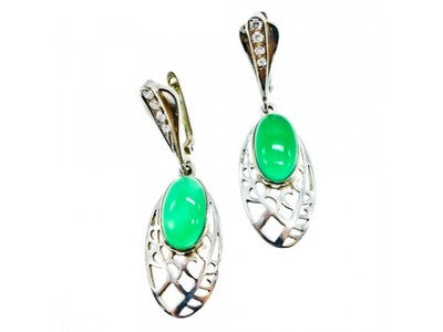 Vintage 925 Sterling Silver Green Agate & CZ Earrings