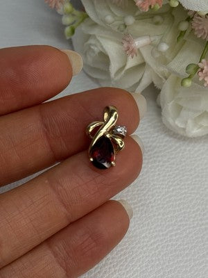 10K Yellow Gold Garnet & Diamond Pendant Length 0.65 Inch