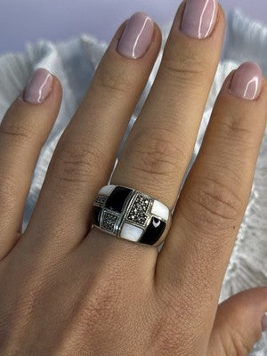 925 Sterling Silver Onyx Abalone Marcasite Ring Size 8
