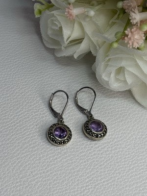 925 Sterling Silver Amethyst & Marcasite Earrings Length 1.12 Inch