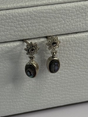 925 Sterling Silver Abalone & Marcasite Earrings Length 0.60 Inch