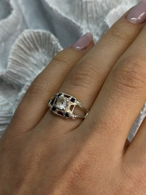 925 Sterling Silver White & Blue Sapphire Ring Size 7