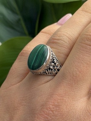 Vintage 925 Sterling Silver Malachite Ring Size 7