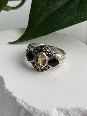 925 Sterling Silver Citrine & Onyx & Marcasite Ring Size 7