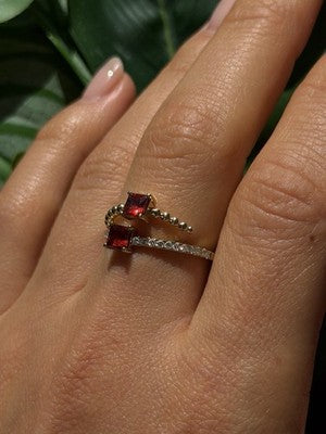 Modern Adjustable 14K Yellow Gold Garnet & Diamond Ring