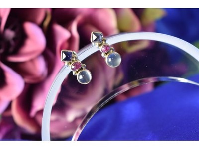 925 Sterling Silver Moonstone, Sapphire & Ruby Stud Earrings