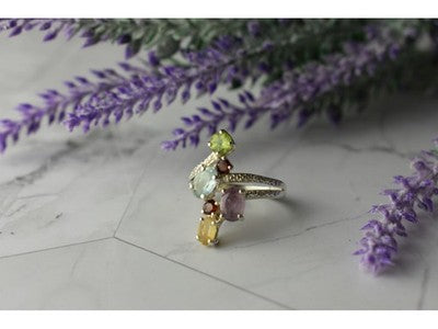 925 Sterling Silver Multi Gemstones Ring Size 8