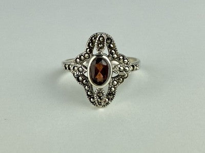 925 Sterling Silver Almandine & Marcasites Ring Size 7