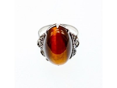 Vintage 925 Sterling Silver Tiger'S Eye & Marcasites Ring Size 6.5