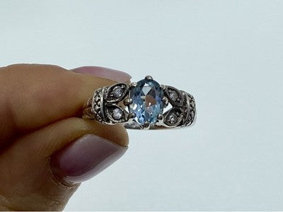 925 Sterling Silver Blue Spinel & CZ Ring Size 6.5