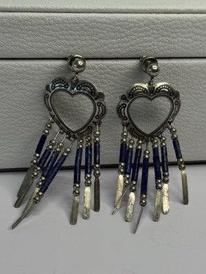 Vintage Native American 925 Sterling Silver Lapis Earrings Length 2.50 Inch