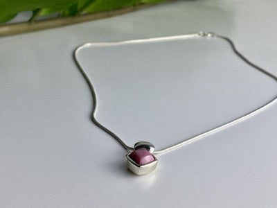 925 Sterling Silver Pink Agate Chain With Pendant Italy