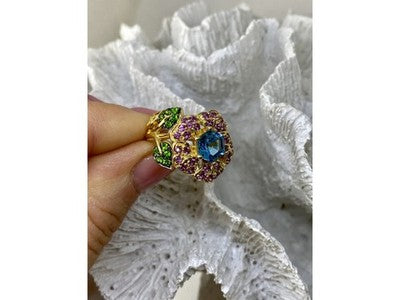 925 Sterling Silver Gold Plated Topaz, Peridot & Spinel "Flower" Ring Size 7.5