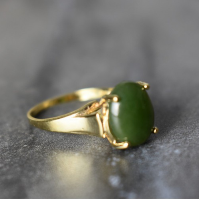 925 Sterling Silver Gold Plated Green Jade Ring Size 6.5