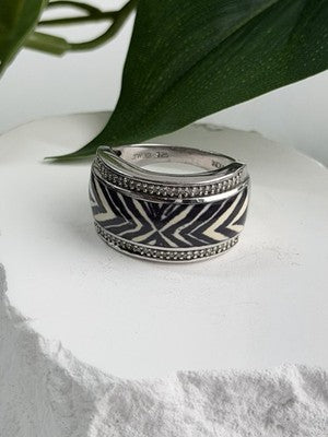 JWBR 925 Sterling Silver Enamel Zebra Stripe Diamonds Ring Size 8