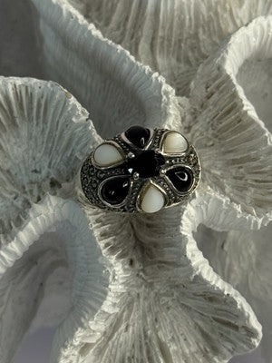 925 Sterling Silver Onyx Abalone & Marcasite Ring Size 10