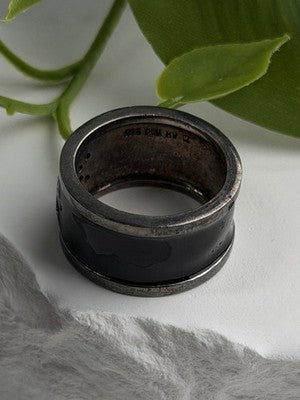 Vintage 925 Sterling Silver Black Enamel & Cz Ring Size 9