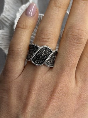 JWBR 925 Sterling Silver Black & White Diamonds Ring Size 7