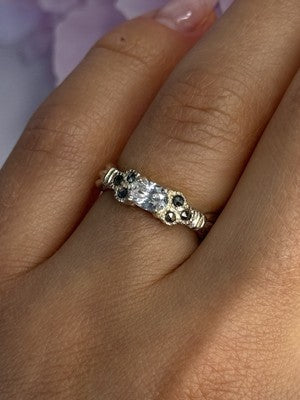 925 Sterling Silver Beryl & Marcasite Ring Size 7