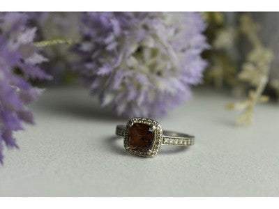 925 Sterling Silver Hessonite & CZ Ring Size 8
