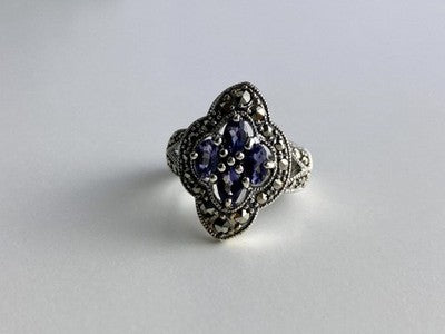 Vintage 925 Sterling Silver Amethyst & Marcasites Ring Size 5.5