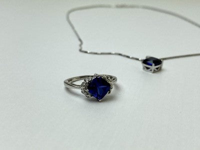 925 Sterling Silver London Blue Topaz Ring & Chain With Pendant Set