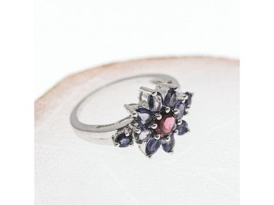 925 Sterling Silver Spinel & Tanzanite "Flower" Ring Size 9