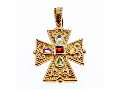 925 Sterling Silver Gold Plated Multi Gemstones Cross Pendant