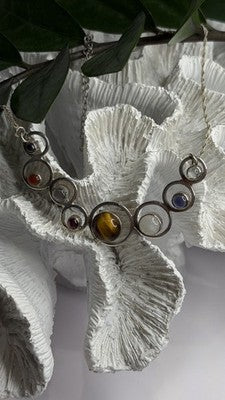 Solar System Gemstones 925 Sterling Silver Tigers Eye Moonstone etc. Necklace