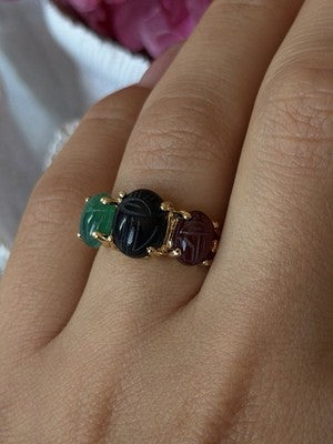 925 Sterling Silver Gold Plated Carved Carnelian Onyx Jade Ring Size 7