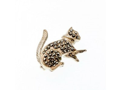 925 Sterling Silver Black Quartz (Morion) "Cat" Brooch
