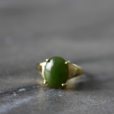 925 Sterling Silver Gold Plated Green Jade Ring Size 6.5