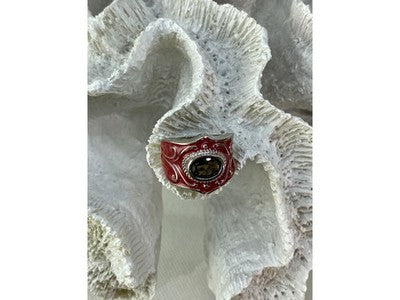 925 Sterling Silver Hessonite & Red Enamel Ring Size 9.5