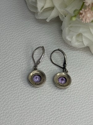 925 Sterling Silver Amethyst & Marcasite Earrings Length 1.12 Inch