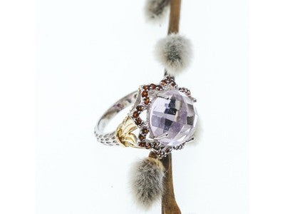 925 Sterling Silver With Gilding Morganite & Garnet "Flower" Ring Size 7