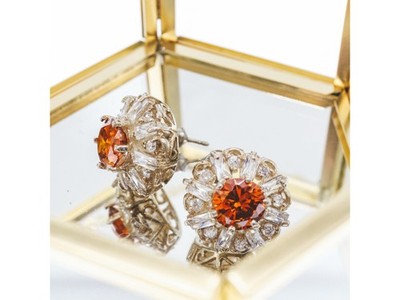 925 Sterling Silver Hessonite & CZ Stud Earrings