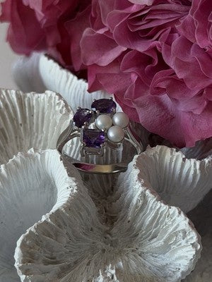925 Sterling Silver Amethyst & Pearl Ring Size 8