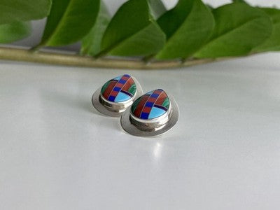 Vintage 925 Sterling Silver Agate Mosaic Stud Earrings