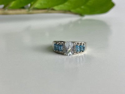 925 Sterling Silver Aquamarines Ring Size 8