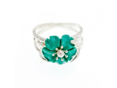 925 Sterling Silver Pearl & Enamel "Flower" Ring Size 10