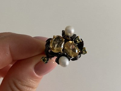 925 Sterling Blackened Silver Citrine, Peridot and Pearls Ring Size 7