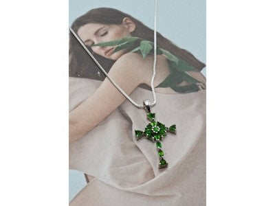 925 Sterling Silver Emeralds Chain With Cross