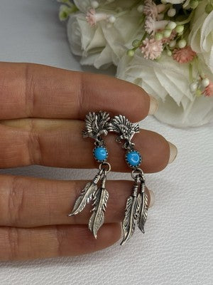 Navajo Flying Eagle 925 Sterling Silver Turquoise Earrings Length 1.60 Inch