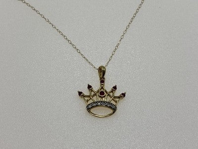 10K Yellow Gold Rubies & Diamonds Crown Chain With Pendant