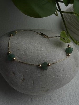 14K Yellow Gold Green Jade Heart Bracelet Length 7