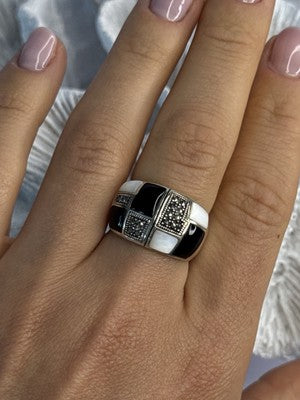 925 Sterling Silver Onyx Abalone Marcasite Ring Size 8