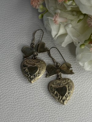Vintage 925 Sterling Silver Heart Earrings Length 1.70 Inch