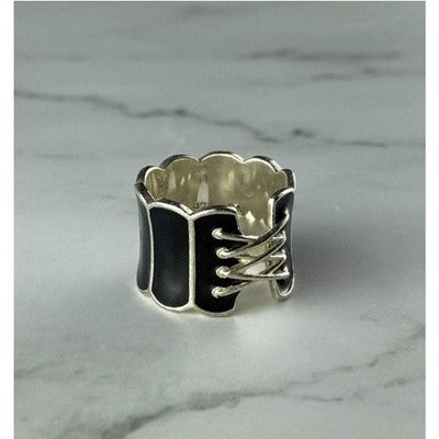 925 Sterling Silver Black Enamel "Corset" Ring Size 7