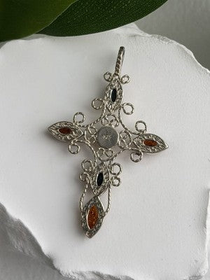 925 Sterling Silver Amber Cross Length 2 in