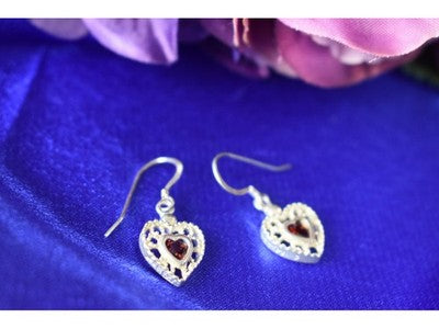 925 Sterling Silver Garnet "Hearts" Earrings